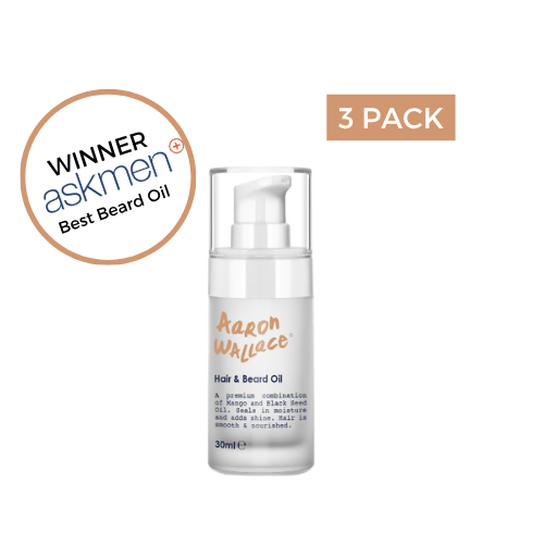 Bottle of Aaron Wallace Hair & Beard Oil with 'Winner Askmen Best Beard Oil' badge and '3 Pack' text on a white background
