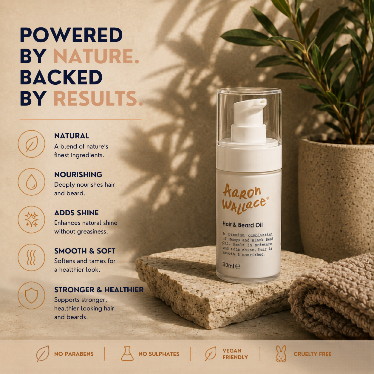 Aaron Wallace Hair and beard oil bottle with branding and product features on a natural background