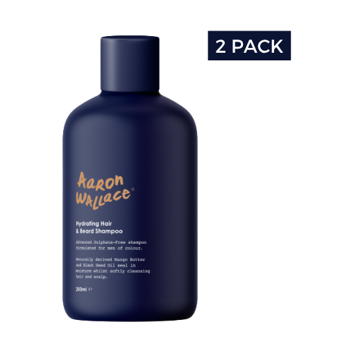 Navy blue shampoo bottle with 'Aaron Wallace' branding on a white background
