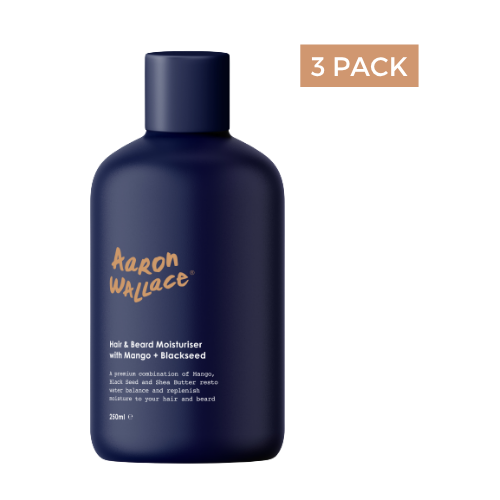 Navy blue bottle of Aaron Wallace hair and beard moisturiser with text on a white background