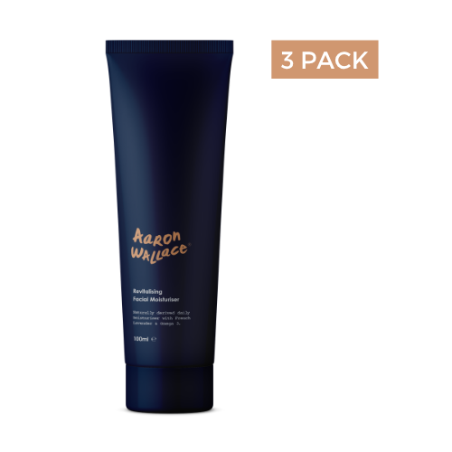 Navy blue tube of Aaron Wallace daily facial moisturiser with '3 Pack' label on a white background