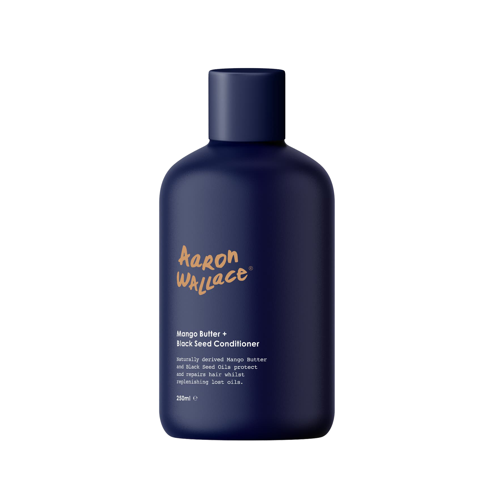 A navy blue bottle of Aaron Wallace Hair & Beard Conditioner with white and orange label text.